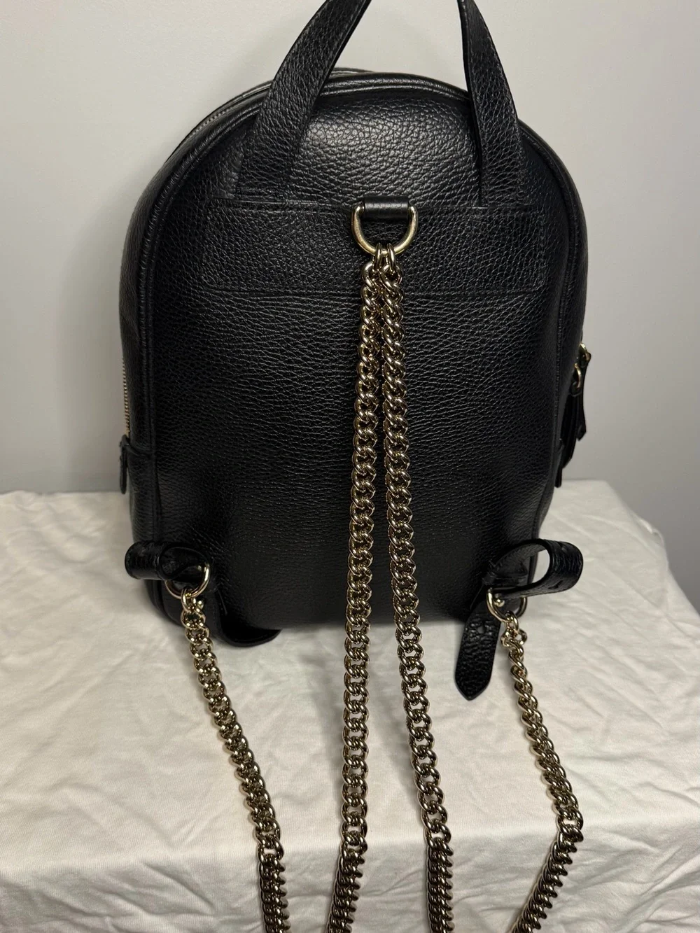 Gucci Black Pebbled Leather Mini Backpack with Gold Chain Straps